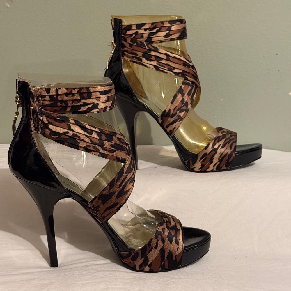 Guess Leopard and Black Strappy Heels